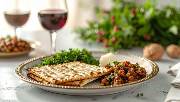 Macro Shot of Traditional Passover Seder Plate with Matzah, Bitter Herbs, and Charoset in Elegant Table Setting
