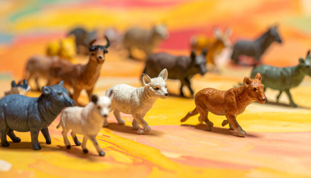 Miniature animal figurines in vibrant colors arranged on an abstract backdrop