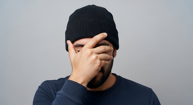 Man covering face with hand in studio.