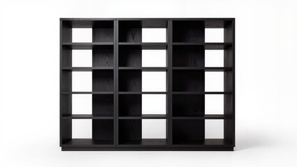 Modern black modular cube shelving unit isolated on white background, minimalist storage organizer furniture for home or office.