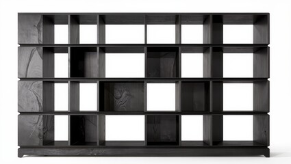 Modern black modular cube shelving unit isolated on white background, minimalist storage organizer furniture for home or office.