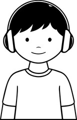 Obraz premium Hand Drawn Boy Wearing Headphones Black and White Avatar Illustration in Minimal Line Art Style Design