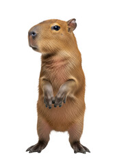 Fototapeta premium juvenile capybara with reddish-brown fur standing precariously on hind legs, mimicking a person, isolated on a transparent studio cyclorama, humorous wildlife portraiture concept