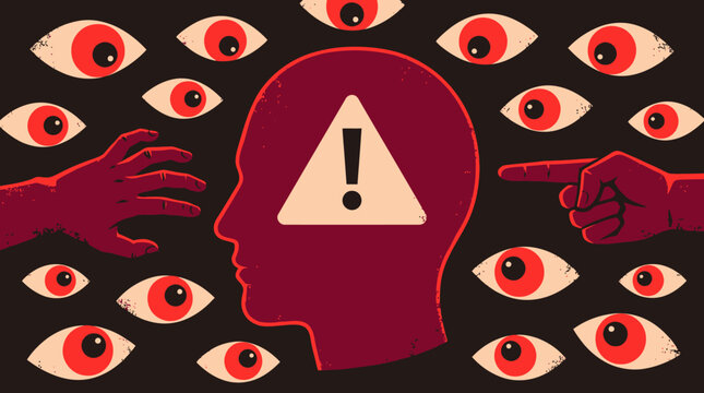 Conceptual Illustration of Social Anxiety, Paranoia, and Public Scrutiny with Watchful Eyes and Warning Symbol over a Human Profile