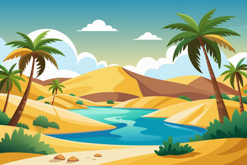 Obraz premium A serene desert oasis with palm trees and a winding river under a blue sky
