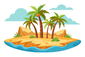 Fototapeta premium A colorful cartoon illustration of a tropical island with palm trees and rocky shores