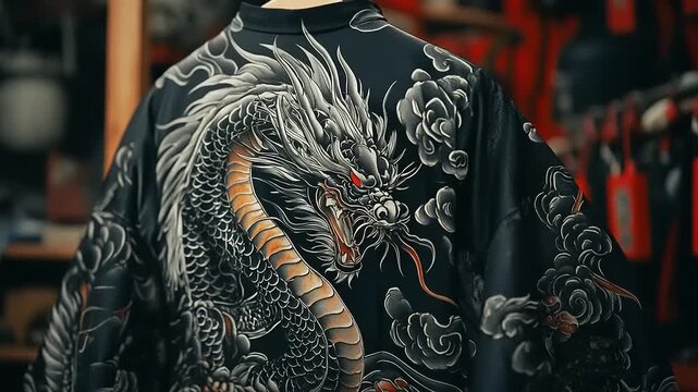 Mannequin wearing black shirt with dragon design.