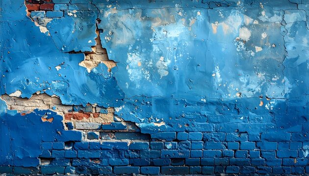 A weathered blue-painted brick wall with peeling paint