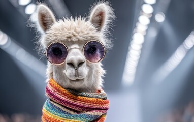 Fototapeta premium Stylish Alpaca with Sunglasses and Colorful Scarf