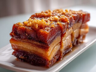 Delicious Crispy Pork Belly With Glazed Caramelized Top And Garlic Garnish