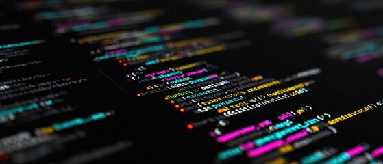 Obraz premium The Code on a Dark Computer Screen with Colorful Syntax Highlighting and Shallow Depth