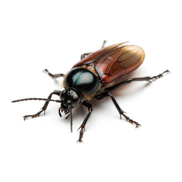 A solitary tarantula hawk wasp with iridescent bluegreen eyes and brown wings on a white background.