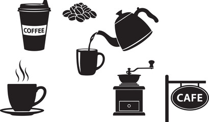 Fototapeta premium Black and white coffee icons set including cups kettle grinder beans and cafe sign coffee icons set