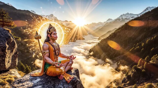 Lord Hanuman Meditating on Himalayan Mountain Cliff During Sunrise