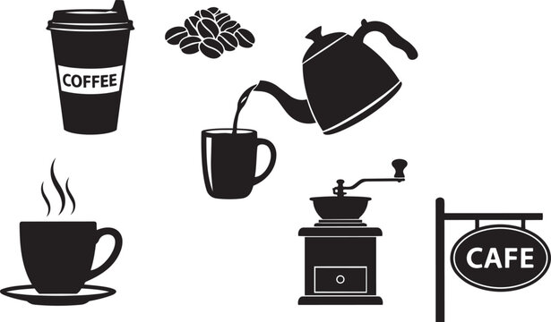 Black and white coffee icons set including cups kettle grinder beans and cafe sign coffee icons set