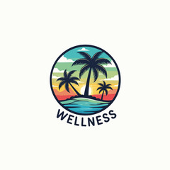 Fototapeta premium Circular logo with silhouette palm trees on island, ocean, and sunset sky, word 
