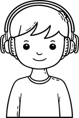 Obraz premium Hand Drawn Boy Wearing Headphones Black and White Avatar Illustration in Minimal Line Art Style Design
