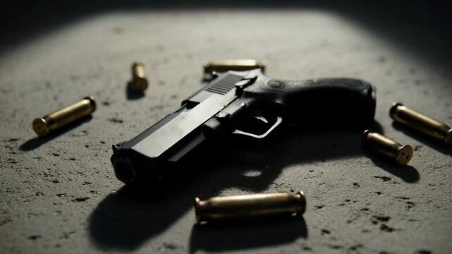 Close-up dramatic shot of a handgun and scattered bullets on a concrete surface, evoking a sense of tension and suspense in a crime scene