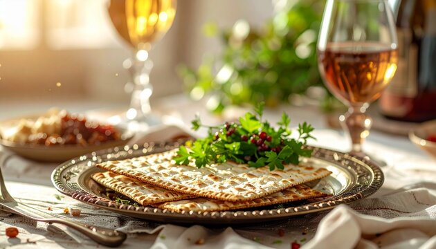 Macro Shot of Traditional Passover Seder Plate with Matzah, Bitter Herbs, and Charoset in Elegant Table Setting