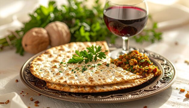 Macro Shot of Traditional Passover Seder Plate with Matzah, Bitter Herbs, and Charoset in Elegant Table Setting
