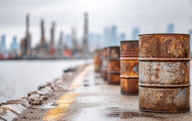 Naklejka premium Weathered Metal Drums Lined Along Industrial Dockyard
