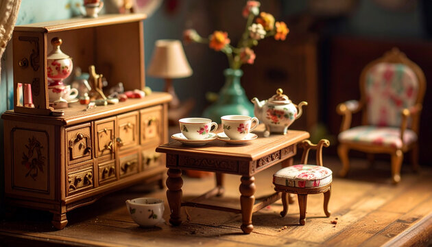Miniature tea set and furniture displayed indoors with warm lighting