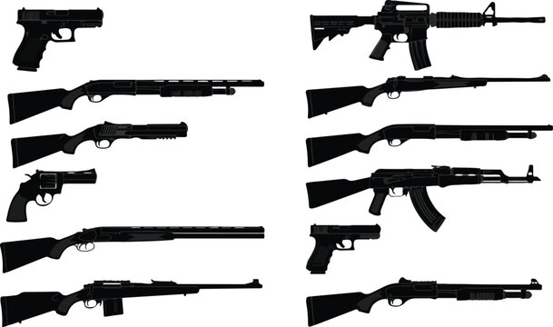 Vector graphic illustration of various firearms including handguns and rifles in black silhouette on a white background design