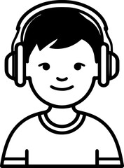 Obraz premium Hand Drawn Boy Wearing Headphones Black and White Avatar Illustration in Minimal Line Art Style Design