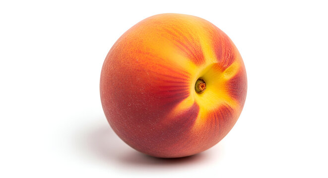 Vibrant, fuzzy, ripe peach fruit with deep red and yellow coloration sits isolated on a clean white background
