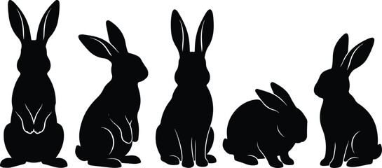 Fototapeta na wymiar Five black silhouette illustrations of rabbits in various sitting positions and poses