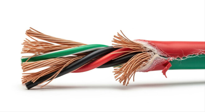 Frayed cable with exposed copper wires isolated on a clean white background, showcasing intricate details of internal wiring and vibrant colored insulation