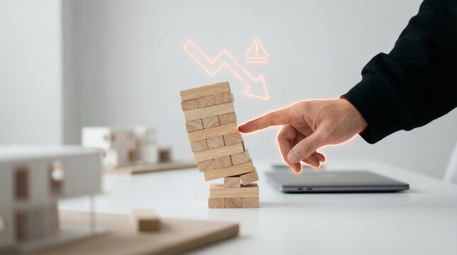 A hand destabilizes a Jenga tower, symbolizing critical business challenges, market instability, and the risk of corporate downfall