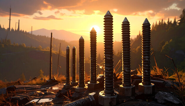 Large screws stand in a mountainous landscape at sunset with scenic view