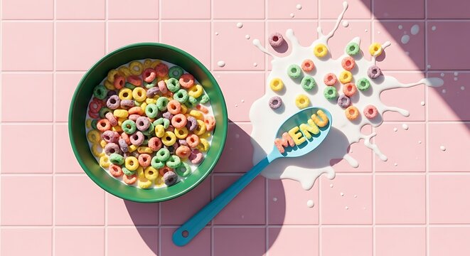 Colorful cereal bowl with milk splash and spoon on pink tile background