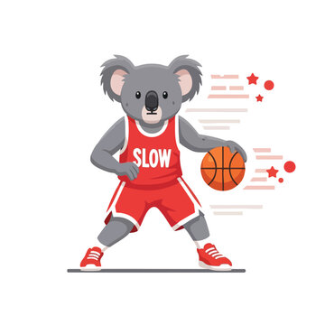 Gray koala wearing red basketball uniform dribbles an orange ball