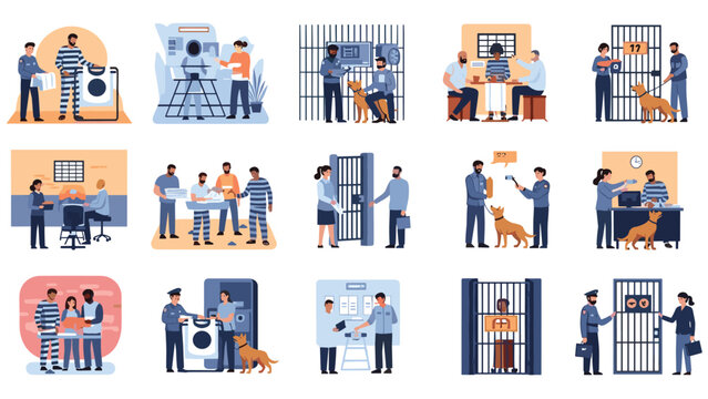 Scenes from life inside a prison showing interactions between inmates, guards, and visitors in different facility areas.