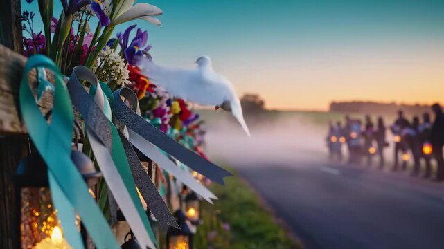 Memorial Cross With Flowers and Ribbons on Roadside at Sunset With Dove Flying