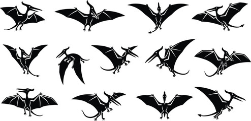 Pterodactyl Dinosaur Silhouette Set, Flying Prehistoric Reptile Pterosaur Collection, Jurassic Flying Dinosaur Black Vector Illustration Pack for Paleontology Design © tofajjol studio