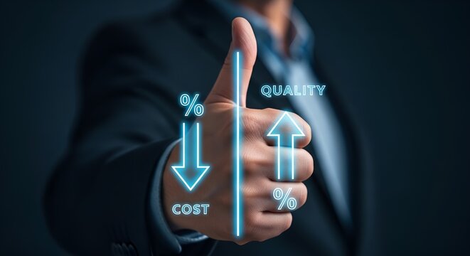 A businessman shows a thumbs up gesture, indicating successful optimization with decreasing costs and increasing quality.