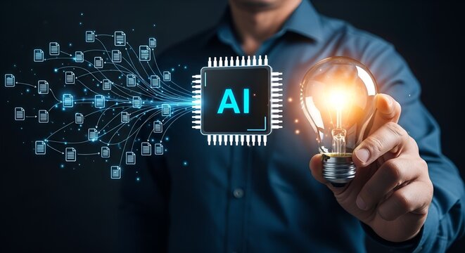 A man holds a glowing light bulb beside a prominent AI processor with data streaming towards it.