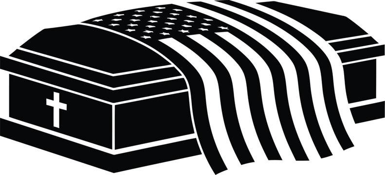 Coffin with american flag draped over, funeral symbol Vector