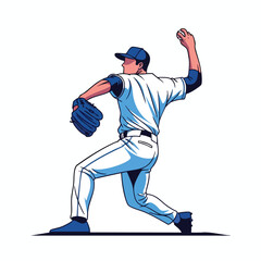 Naklejka premium Man pitching baseball, wearing blue cap, white uniform, and blue glove