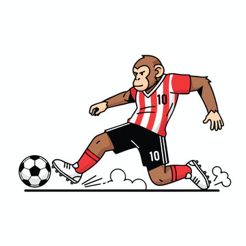 Cartoon monkey in a red and white striped soccer jersey kicks a ball