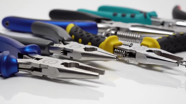 Close-Up of Assorted Pliers Lying on a White Surface, Studio Shot