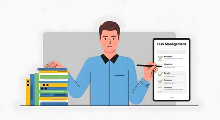 A man in a blue shirt is holding a pen and looking at a task management checklist
