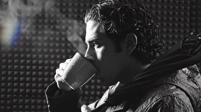 Man Holding Hot Beverage and Umbrella in Black and White