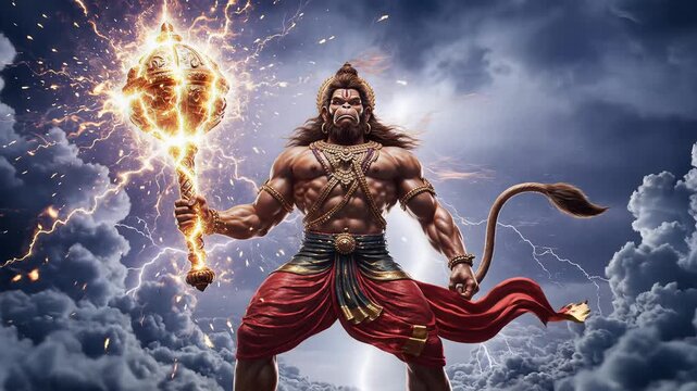 Lord Hanuman with Glowing Golden Gada in Epic Stormy Sky