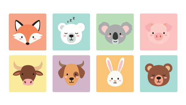 Set of eight adorable animal head icons including a fox bear koala pig cow dog and rabbit presented in colorful square frames.