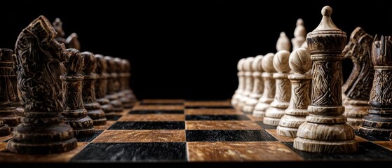 Fototapeta premium The Chessboard Lined with Ornate Carved Wooden Pieces in Dramatic Low Angle Light