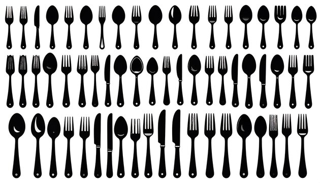 Black silhouettes of assorted flatware arranged in neat horizontal rows against a plain white background, emphasizing their forms